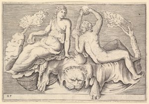 Femme et homme assis sur une peau de lion, homme versant du vin, publié vers 1599-1622 - Unbekannt