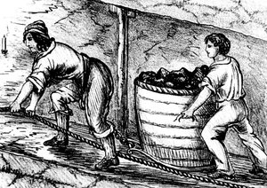 Femme et garçon travaillant dans une mine de charbon, Bolton, Lancashire, 1848