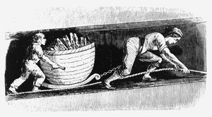 Femme et garçon dessinant une corvée contenant 3-4 cwt de charbon, Bolton, Lancashire, 1848