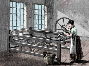 Femme utilisant un Spinning Jenny, vers 1880