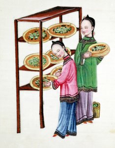 Femmes nourrissant des vers à soie avec des feuilles de mûrier, 19ème siècle