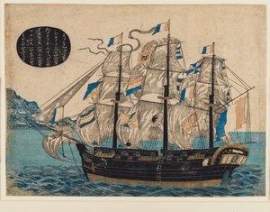 Gravure sur bois - Bateau à voile néerlandais, avec drapeau de la VOC