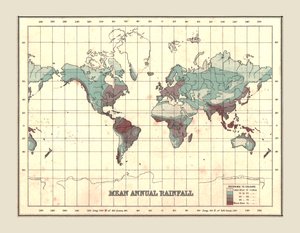 Carte du monde montrant les précipitations annuelles moyennes, 1902 - Unbekannt