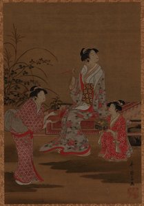Jeune femme, avec deux jeunes filles, assise dans un jardin, période Edo, 1615-1868 - Unbekannt