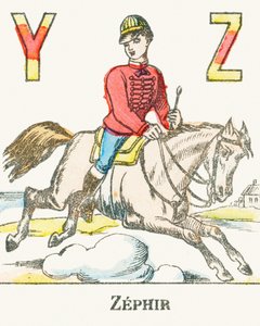 Z : Zéphir, un cavalier galopant sur son cheval nommé Zéphyr - Alphabet des jeux, c.1890