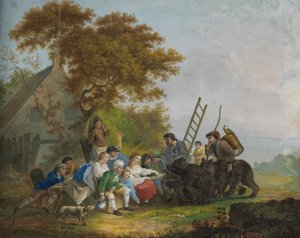 Deux artistes itinérants avec des ours dansants devant une assemblée de village