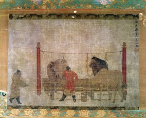 Pendaison, représentant des palefreniers nourrissant des chevaux, encre et aquarelle sur soie, attribué à Jen Jen-Far, chinois, XIVe siècle