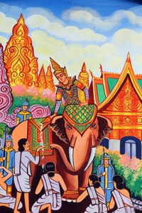 20151029, Vientiane, Laos : Temple bouddhiste Wat Si Muang (Simuong). Peinture représentant l