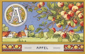 A : Apfel - Alphabet Palmin. Série de chromolithographies éditées par H. Schlinck & Cie, Hambourg, s. d. Publicité pour Palmin feinstes Cocosfett. Dimensions : 7 x 11 cm