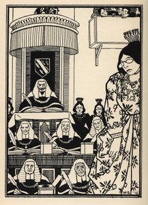 Une cour largement féminine apparaît au Baron, une ironie digne de mention parmi ses aventures. Illustration de William Strang et JB Clark de « Les Aventures du Baron de Münchhausen » par Rudolf Erich Raspe (1789) - Unbekannt