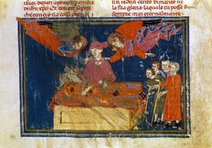 Un groupe de personnes infirmes et un seigneur faisant une œuvre de miséricorde en leur apportant de l