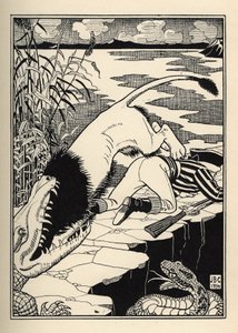 Un lion qui voulait attaquer le Baron de Münchhausen a fini avec un crocodile. Illustration de William Strang et JB Clark de « Les Aventures du Baron de Münchhausen » par Rudolf Erich Raspe (1789) - Unbekannt