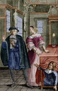 Scène de la pièce «Tartuffe» de Molière (1664) avec Orgon (sous la table), Elmire, sa femme, et Tartuffe, gravure