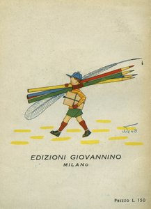 Un écolier portant un stylo et des crayons. Album de musique pour enfants. Edizioni Giovannino, sd