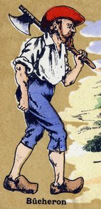Un bûcheron partant couper du bois avec une hache. Alphabet illustré. Imageries réunies à Jarville-Nancy, début du 20ème siècle. Dim: 40 x 29 cm - Unbekannt