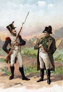 Un jeune soldat arrêtant Napoléon I sur son chemin en 1805. 19ème siècle (chromolithographie)