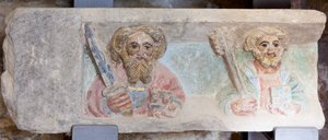Retable. pierre polychrome. Seconde moitié du XIVe siècle. Origine ancienne église paroissiale de Torre de Rialb. Détail. Registre inférieur. Panneau gauche. Les évangélistes Paul Pierre. - Unbekannt