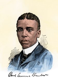 Poète américain Paul Lawrence Dunbar (1872-1906), avec son autographe. Gravure sur bois colorée à la main d