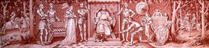 Un triptyque en verre Arts & Crafts, peint avec des chevaliers médiévaux à la cour de Charlemagne, c.1860-1910