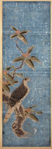 Un ishizuri-e représentant un faucon perché sur une branche de nanten, sur fond bleu - Unbekannt