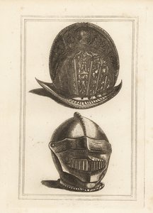 Ancien casque morion vénitien orné de trophées militaires, et un casque bourguignon avec visière et mentonnière unifiées de la Tour de Londres