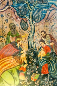 Église apostolique arménienne; fresque; Adoration des Mages; Jésus-Christ; Marie et Joseph; les trois rois mages offrent des cadeaux; Église de Bethléem ou Église de Bedkhem; district de Julfa ou Jolfa; Ispahan; Iran; Asie