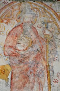 Avy, Église Notre-Dame. Fresque du 14ème siècle (Vierge et Enfant entourés, adoration par des pèlerins accompagnés de leurs saints patrons).