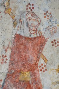 Avy, Église Notre-Dame. Fresque du 14ème siècle (Vierge et Enfant entourés, adoration par des pèlerins accompagnés de leurs saints patrons).