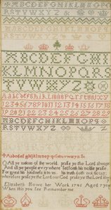 Échantillon de bande avec alphabet, chiffres et un verset, réalisé par Elizabeth Howe