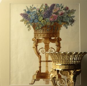 Panier de fleurs avec lions, dessin de Garneray vers 1800