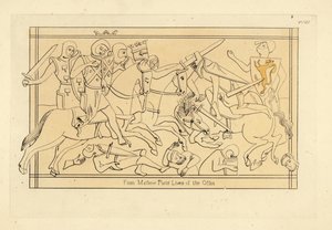 Scène de bataille montrant des chevaliers avec des casques cylindriques et des cottes de mailles, des surcots armoriaux et des boucliers avec des armoiries