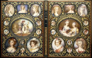 Reliure avec vingt-quatre miniatures de portraits, du livre "Costumes caractéristiques français" de Richard Brinsley Peake, 1816
