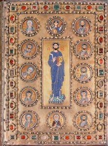 Couverture de livre représentant le Christ bénissant, avec des médaillons représentant des saints