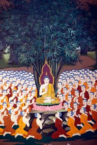 Bouddha enseignant aux disciples, fresque murale, temple Wat Botum, Phnom Penh, 2022