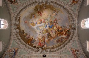 Peinture de plafond, photographie intérieure, église paroissiale catholique Saint-Georges, Neustift, vallée de Stubai, Tyrol, Autriche, Europe