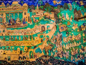 Cour de Chittra Shala avec des peintures fines virtuoses, Fort de Taragarh, Bundi, Bundi, Rajasthan, Inde, Asie