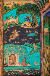 Cour de Chittra Shala avec des peintures virtuoses, Fort de Taragarh, Bundi, Rajasthan, Inde, Asie (photo)