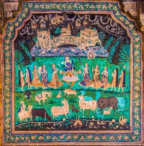 Cour de Chittra Shala avec des peintures fines virtuoses, Fort de Taragarh, Bundi, Rajasthan, Inde, Asie