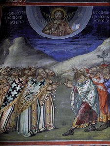 Christ en gloire contrôlant les forces temporelles et spirituelles Fresque byzantine du monastère Agios Ioannis Lampadistis, Saint-Jean Lampadistis XIe siècle Chypre Églises peintes Site UNESCO Troodos, Chypre - William M. Timlin