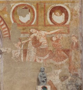 Église Saint-Martin. Intérieur. Peintures murales (fresque). Mur ouest de la nef. Détail. Descente de croix. XIIe siècle.