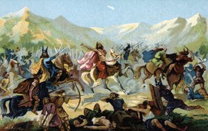 Clovis I (466-511), roi des Francs, lors de la bataille de Tolbiac en 496 contre la tribu germanique des Alamans, a juré de se convertir en cas de victoire. Fin du XIXe siècle (chromolithographie)