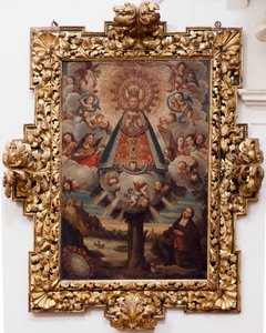 Église collégiale. Intérieur. Peinture. (Nuestra Señora de la Esperanza). Texte dans un médaillon : “RETRA TOD LA MIL CROSA Imajen DNUESTRA S DL Esperanza A Parecida A Fernando de ZILLLa Faña iezi rodela Villa Riue mde el Tajo ter mi?to esta villa”.