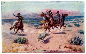 Cowboys à cheval attrapant un loup