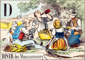 D Dîner des moissonneurs - « Alphabet de la ferme » fin du XIXe siècle (gravure)