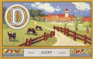 D : Dorf - Alphabet Palmin. Série de chromolithographies éditées par H. Schlinck & Cie, Hambourg, s. d. Publicité pour Palmin feinstes Cocosfett. Dimensions : 7 x 11 cm