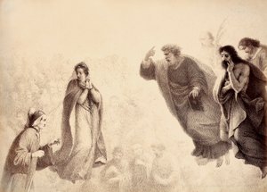 Dante et Béatrice devant les esprits lumineux des apôtres Pierre, Jacques et Jean. Pierre a le bras levé en signe de colère. Illustration du Chant XXVII du Paradis de La Divine Comédie de Dante Alighieri. Œuvre de Francesco Scaramuzza dédiée à la Municipal