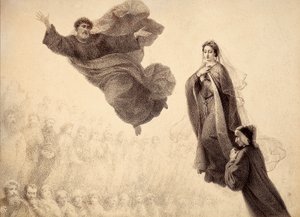 Dante et Béatrice rencontrent Saint Pierre. Illustration du Chant XXIV du Paradis de La Divine Comédie de Dante Alighieri. Œuvre de Francesco Scaramuzza dédiée à la Municipalité de Florence.