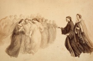 Dante avec Béatrice et les esprits bienheureux. Illustration du Chant XXXIII du Paradis de La Divine Comédie de Dante Alighieri. Œuvre de Francesco Scaramuzza dédiée à la Municipalité de Florence
