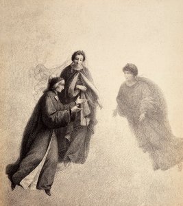 Dante, poussé par Béatrice, parle avec un esprit pieux. Illustration du Chant V du Paradis de La Divine Comédie de Dante Alighieri. Œuvre de Francesco Scaramuzza dédiée à la Municipalité de Florence.