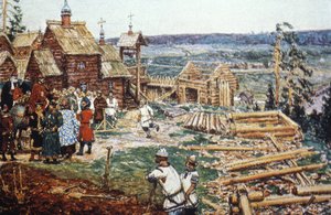 Représentation de la construction du Kremlin de Moscou en rondins sous le règne de Yuri Dolgoruky au XIIe siècle.